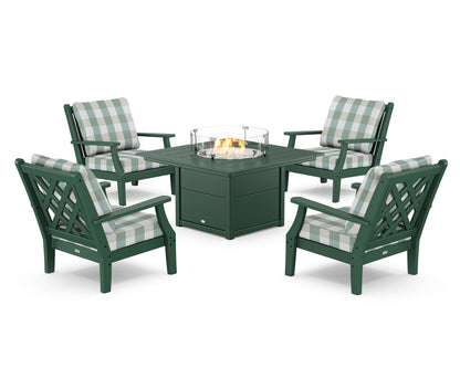 Country Living Wovendale 5-Piece Deep Seating Set with Fire Pit Table in Green / Buffalo Plaid Glacier Spa