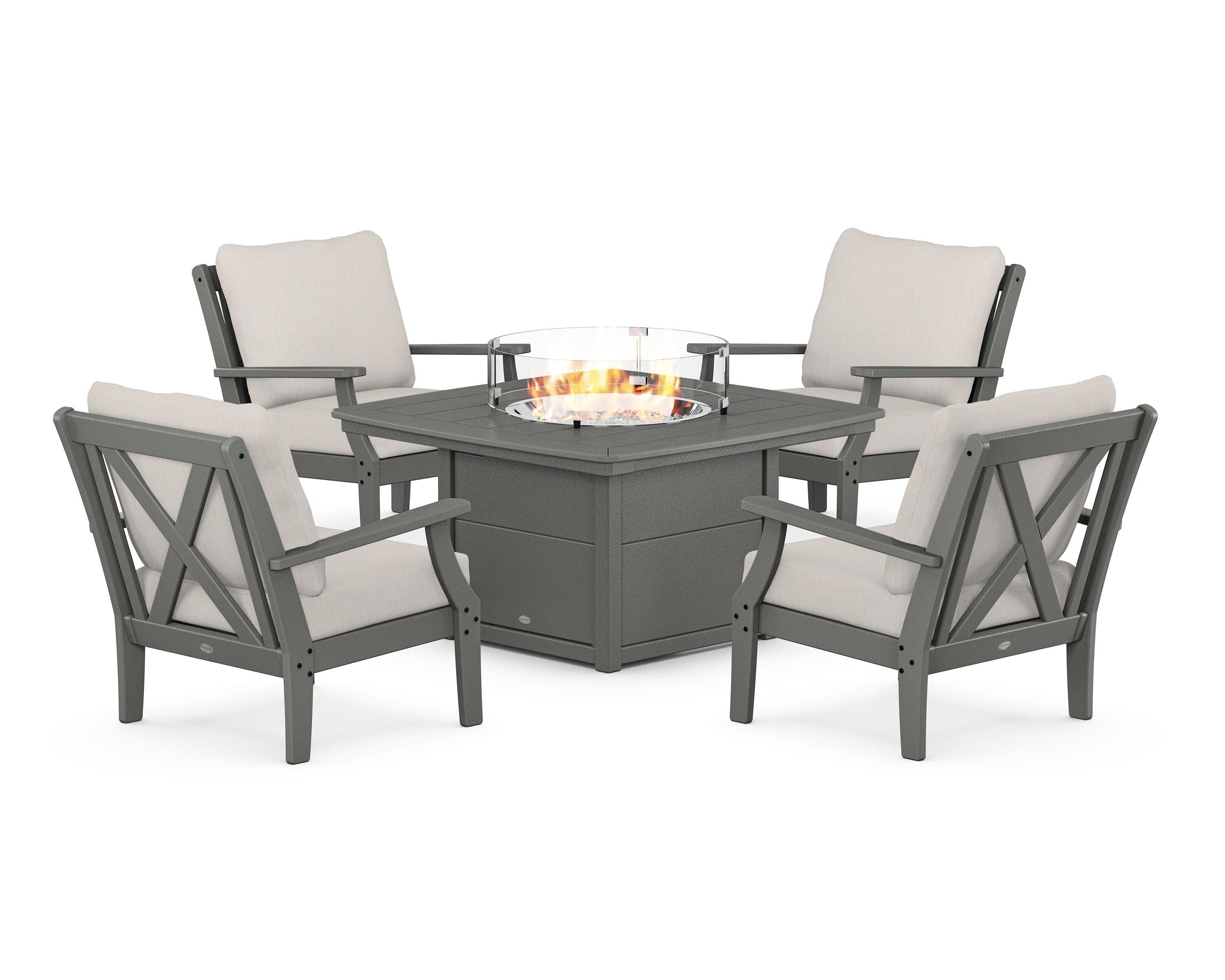 POLYWOOD® Braxton 5-Piece Deep Seating Conversation Set with Fire Pit Table in Slate Grey / Cast Ash