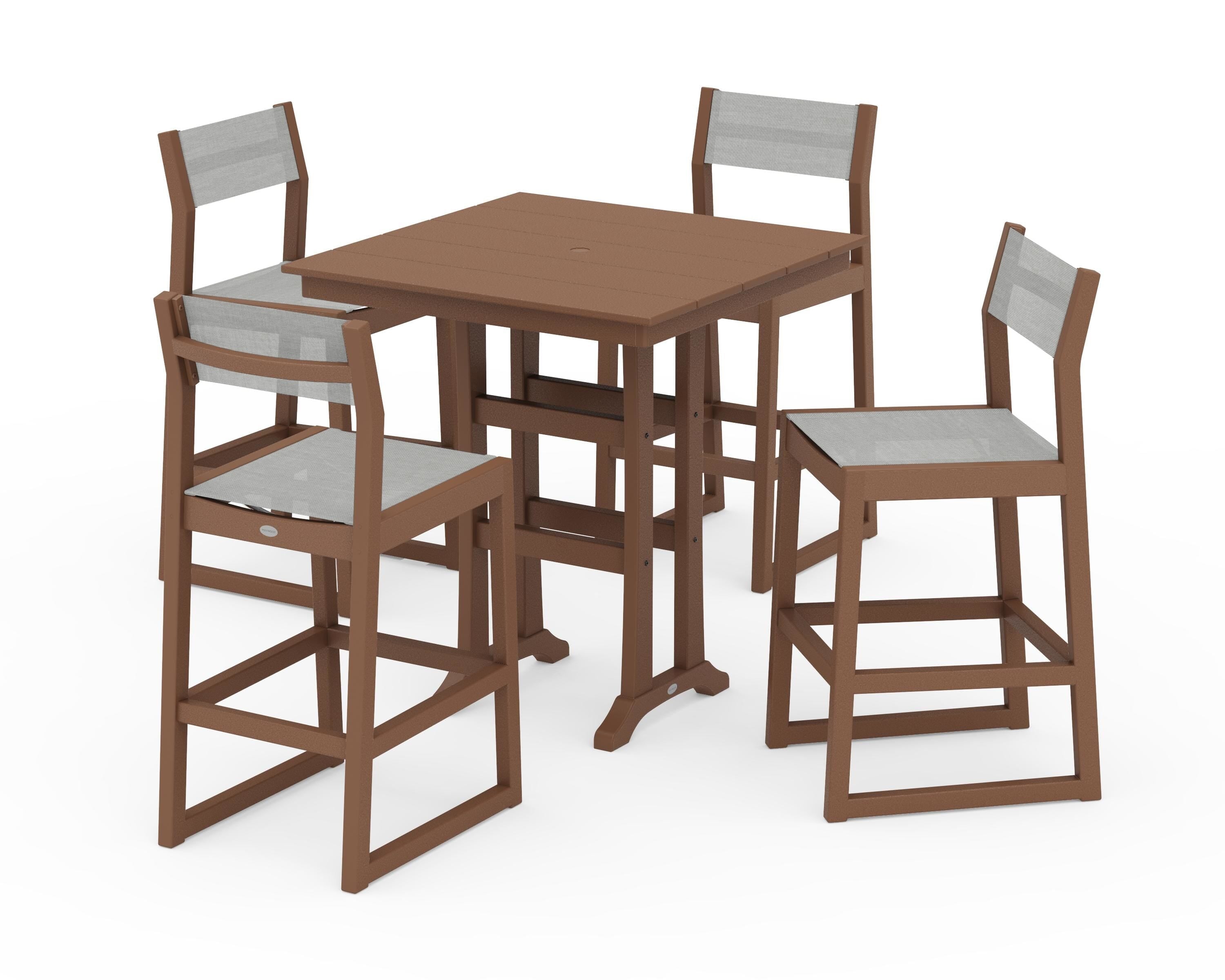 POLYWOOD® EDGE Sling Arm Chair 5-Piece Farmhouse Bar Set with Trestle Legs in Teak / Metallic Sling