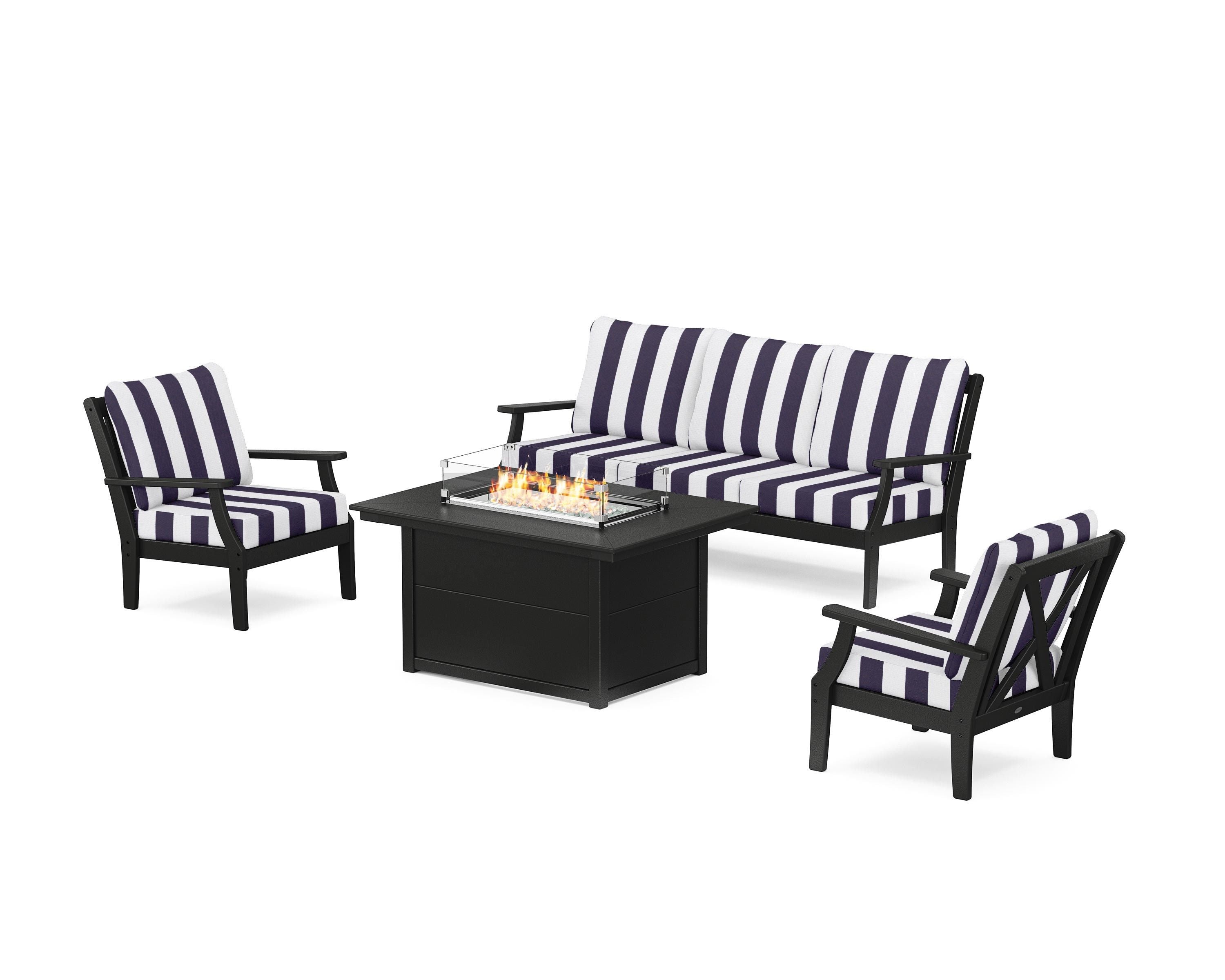 POLYWOOD® Braxton Deep Seating Fire Pit Table Set in Black / Cabana Stripe Navy