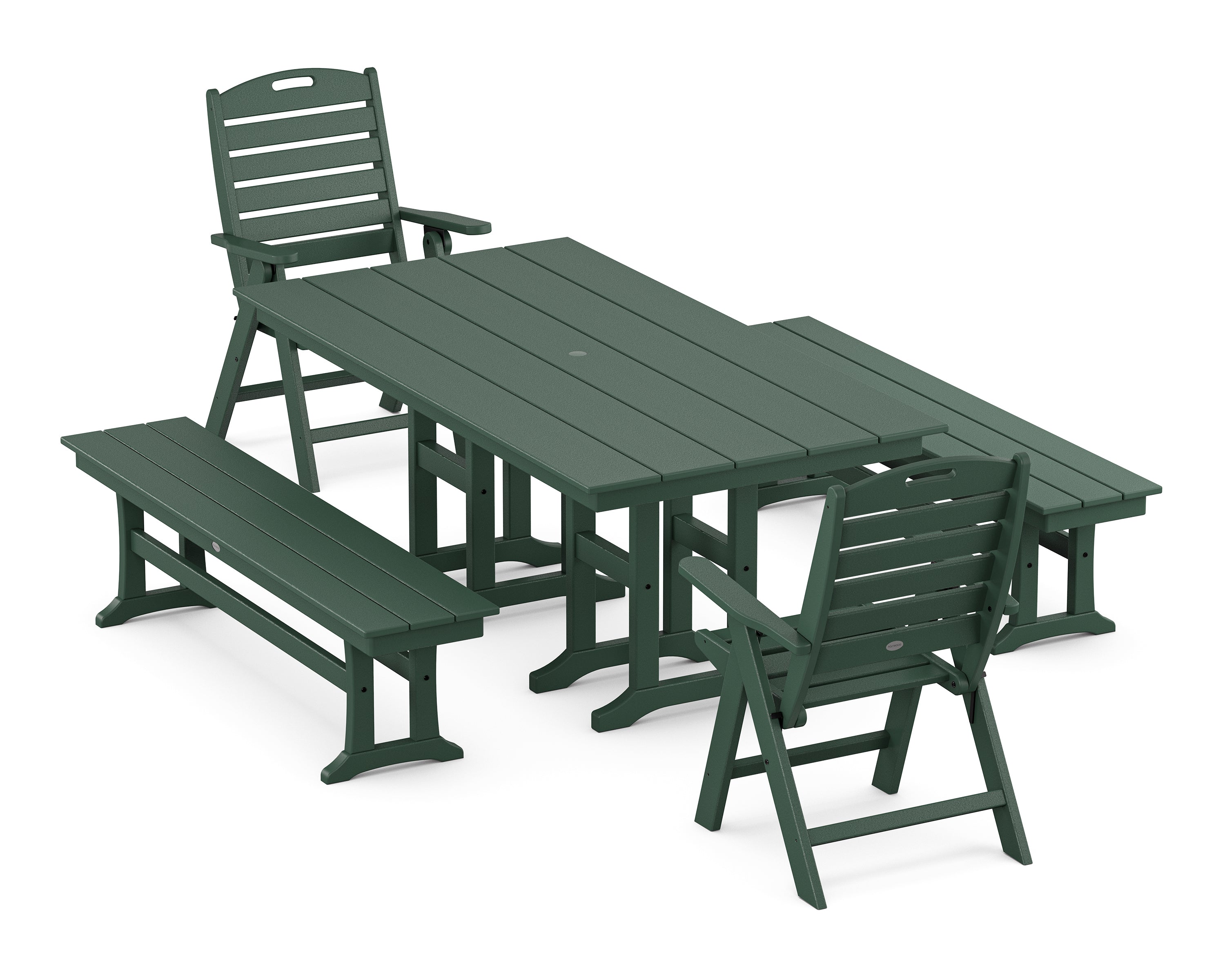 POLYWOOD® Nautical Highback 5-Piece Farmhouse Dining Set with Benches in Green