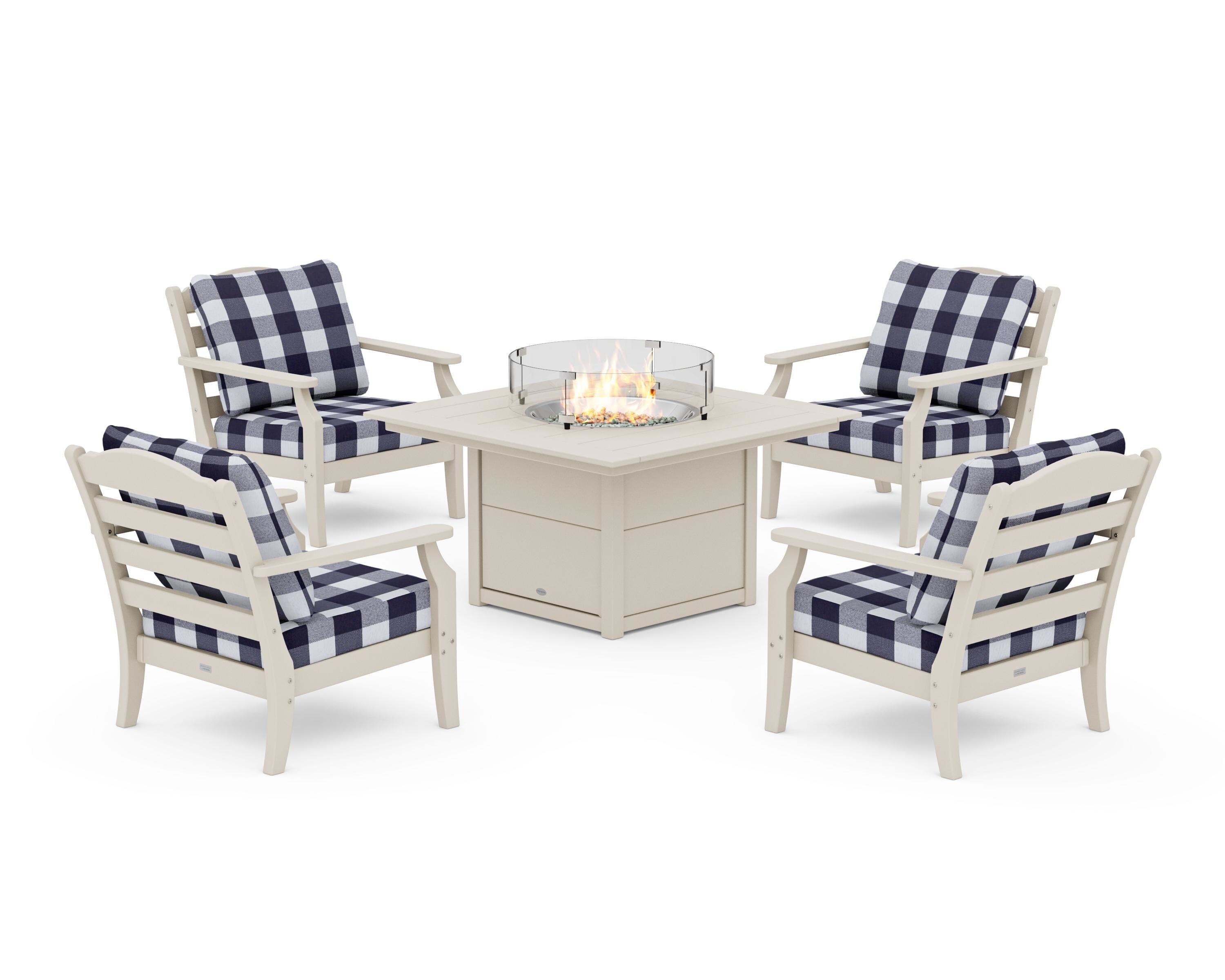 Draper James™ by  POLYWOOD® Savannah 5-Piece Deep Seating Set with Fire Pit Table in Sand / Buffalo Plaid Navy