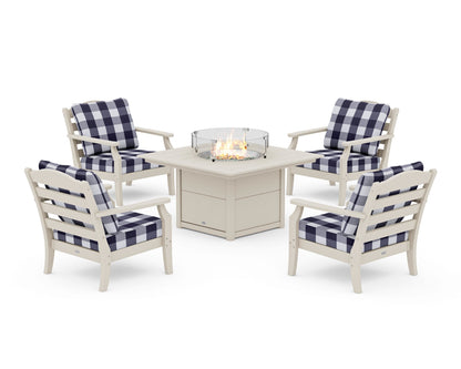 Draper James™ by  POLYWOOD® Savannah 5-Piece Deep Seating Set with Fire Pit Table in Sand / Buffalo Plaid Navy