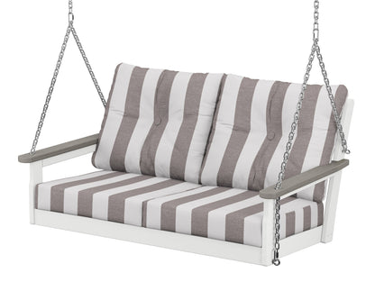 POLYWOOD® Vineyard Deep Seating Swing in White / Driftwood / Cabana Stripe Grey Mist