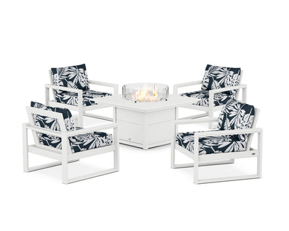 POLYWOOD® EDGE Sectional 5-Piece Deep Seating Set with Fire Pit Table in White / Leaf Marine Indigo