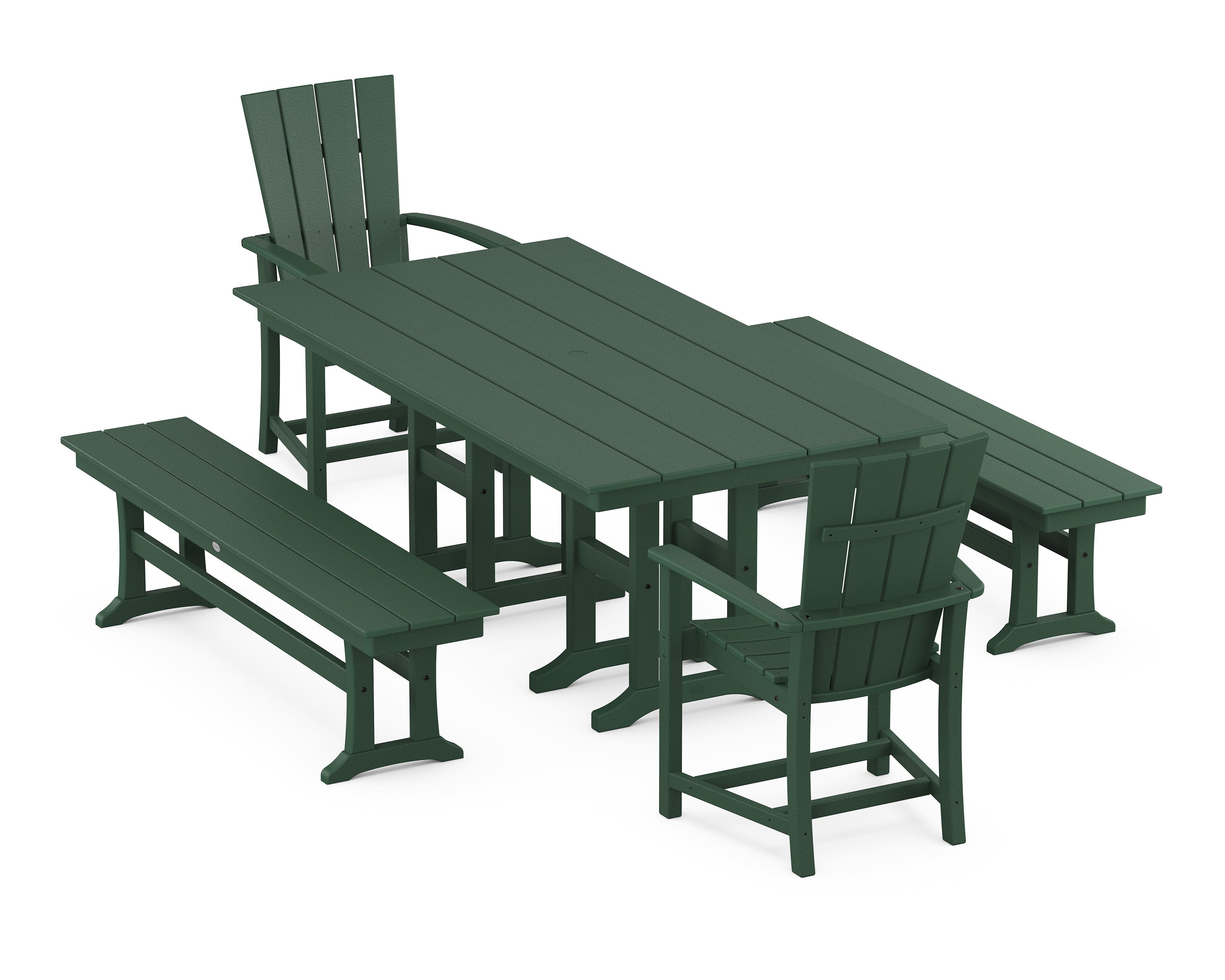 POLYWOOD® Quattro 5-Piece Farmhouse Dining Set with Benches in Green