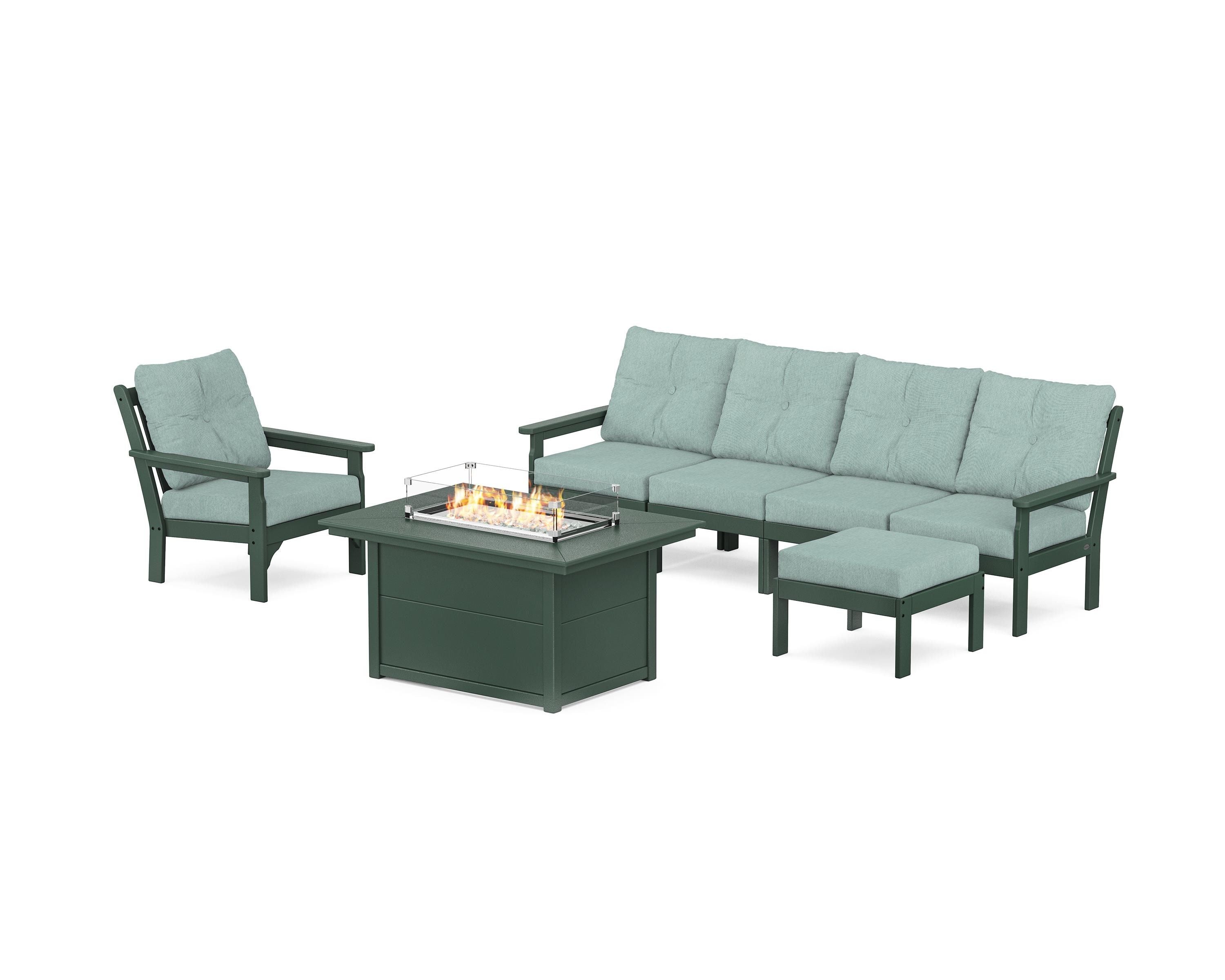 POLYWOOD® Vineyard Sectional Lounge and Fire Pit Set in Green / Glacier Spa