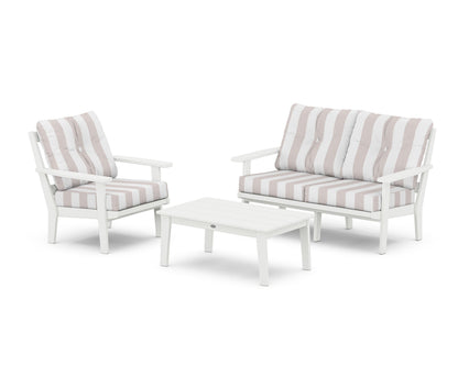 POLYWOOD® Oxford 3-Piece Deep Seating Set with Loveseat in White / Cabana Stripe Dune Burlap