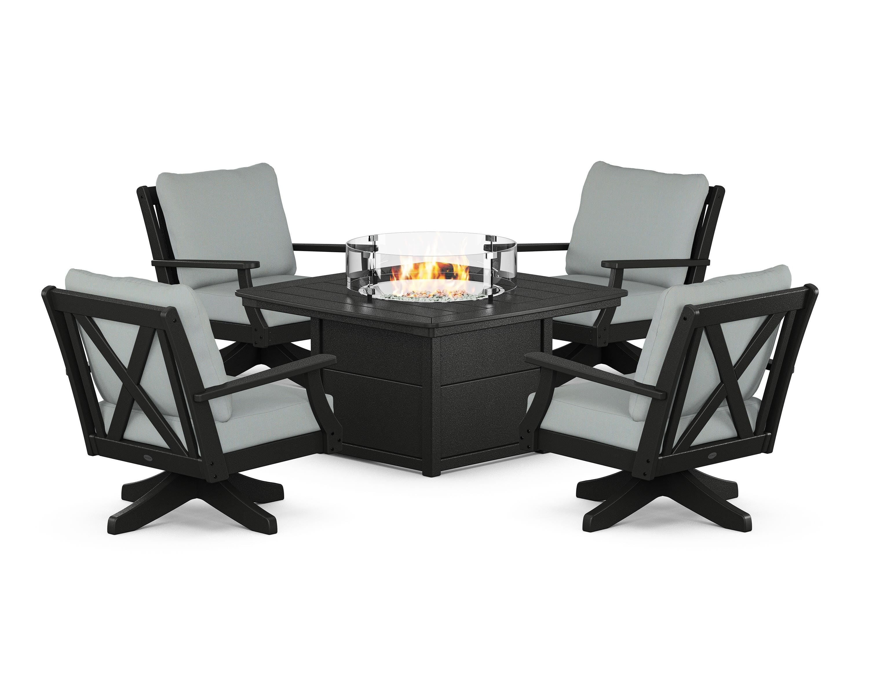POLYWOOD® Braxton 5-Piece Deep Seating Swivel Conversation Set with Fire Pit Table in Black / Spa