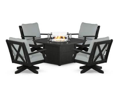 POLYWOOD® Braxton 5-Piece Deep Seating Swivel Conversation Set with Fire Pit Table in Black / Spa
