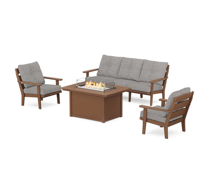 POLYWOOD® Lakeside Deep Seating Fire Pit Table Set in Teak / Grey Mist