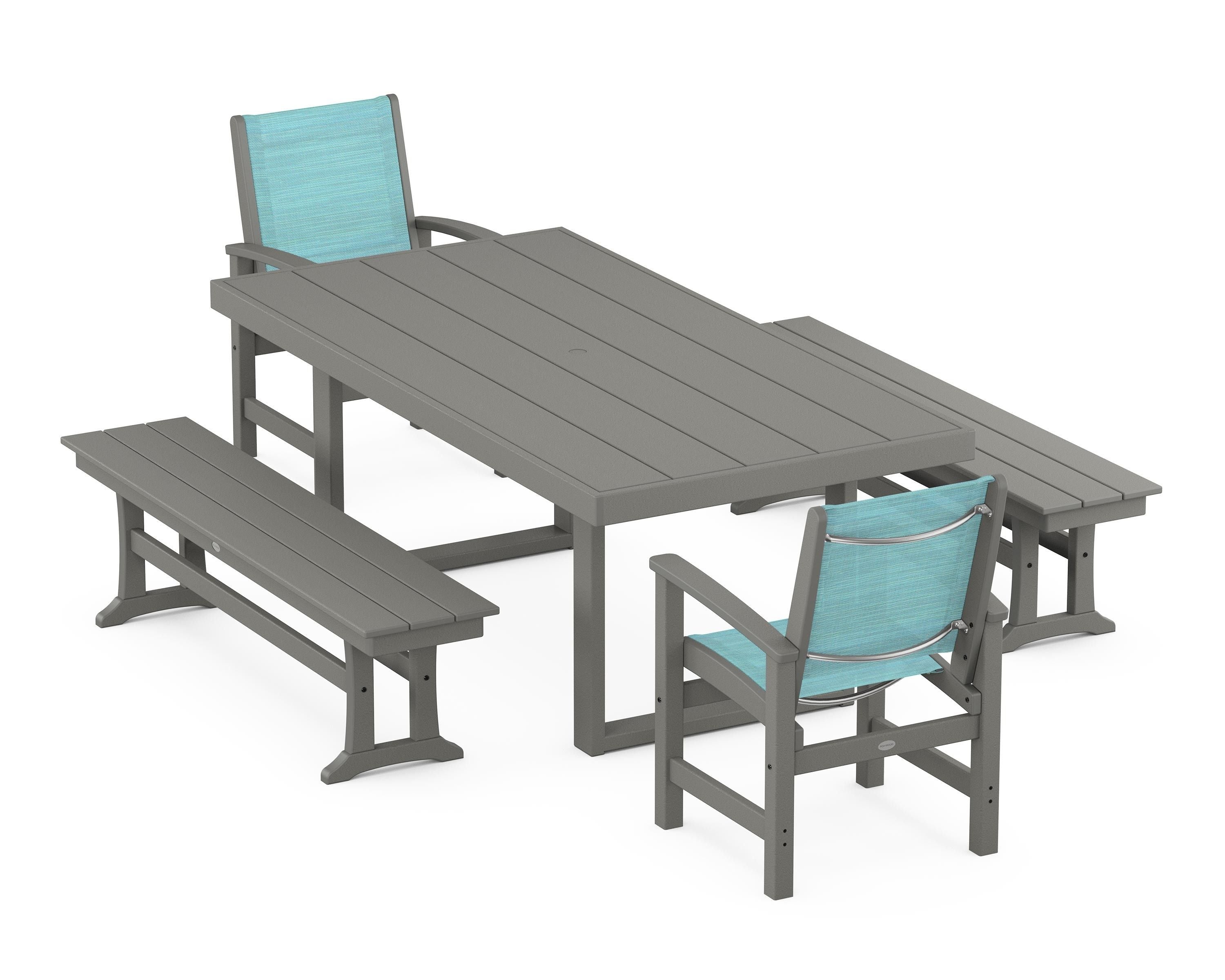 POLYWOOD® Coastal 5-Piece Dining Set with Trestle Legs in Slate Grey / Dupioni Aquamarine Sling