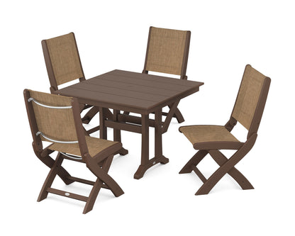 POLYWOOD® Coastal Folding Side Chair 5-Piece Farmhouse Dining Set With Trestle Legs in Mahogany / Burlap Sling