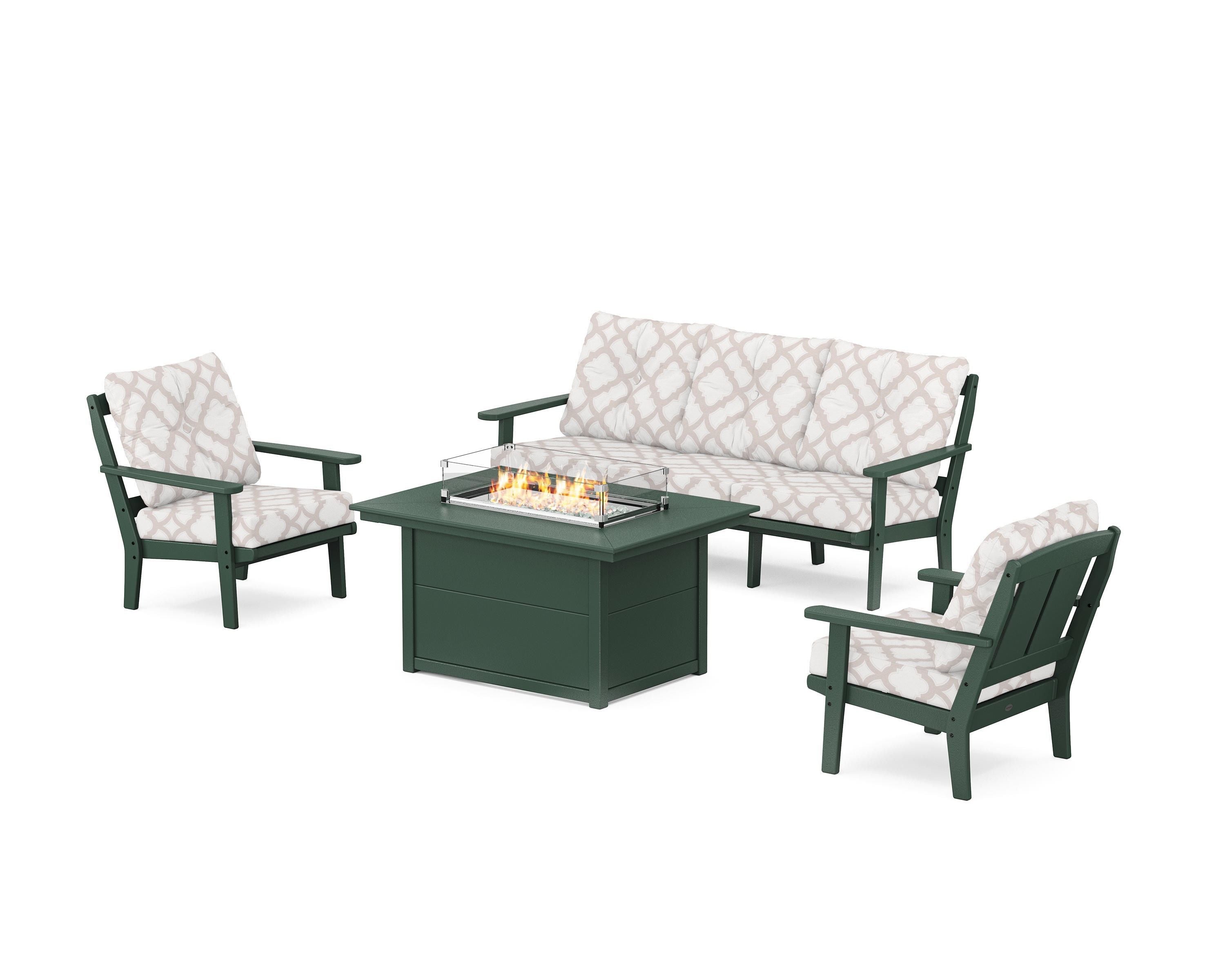 POLYWOOD® Mission Deep Seating Fire Pit Table Set in Green / Trellis Dune Burlap
