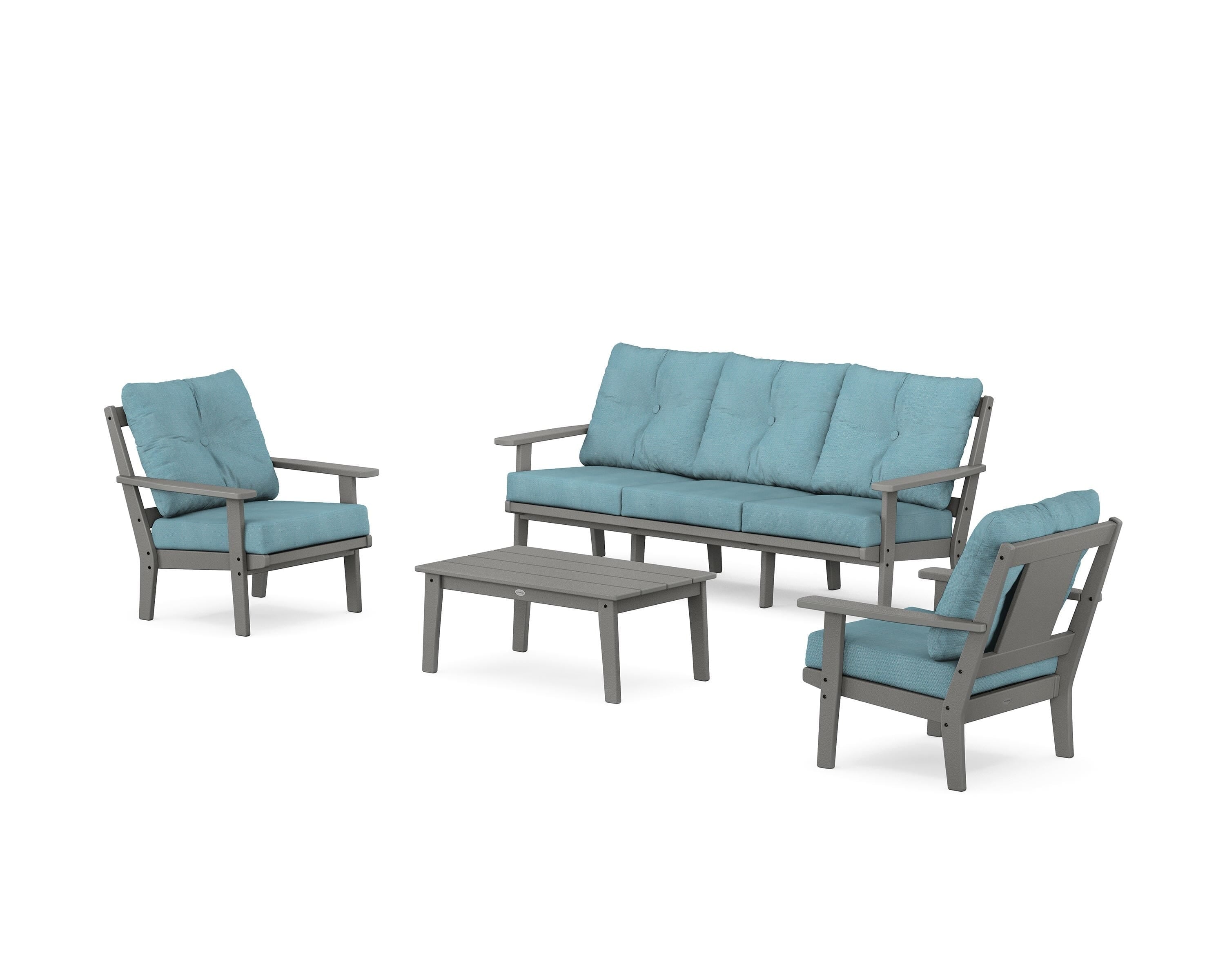 POLYWOOD® Prairie 4-Piece Deep Seating Set with Sofa in Slate Grey / Lattice Sky Blue