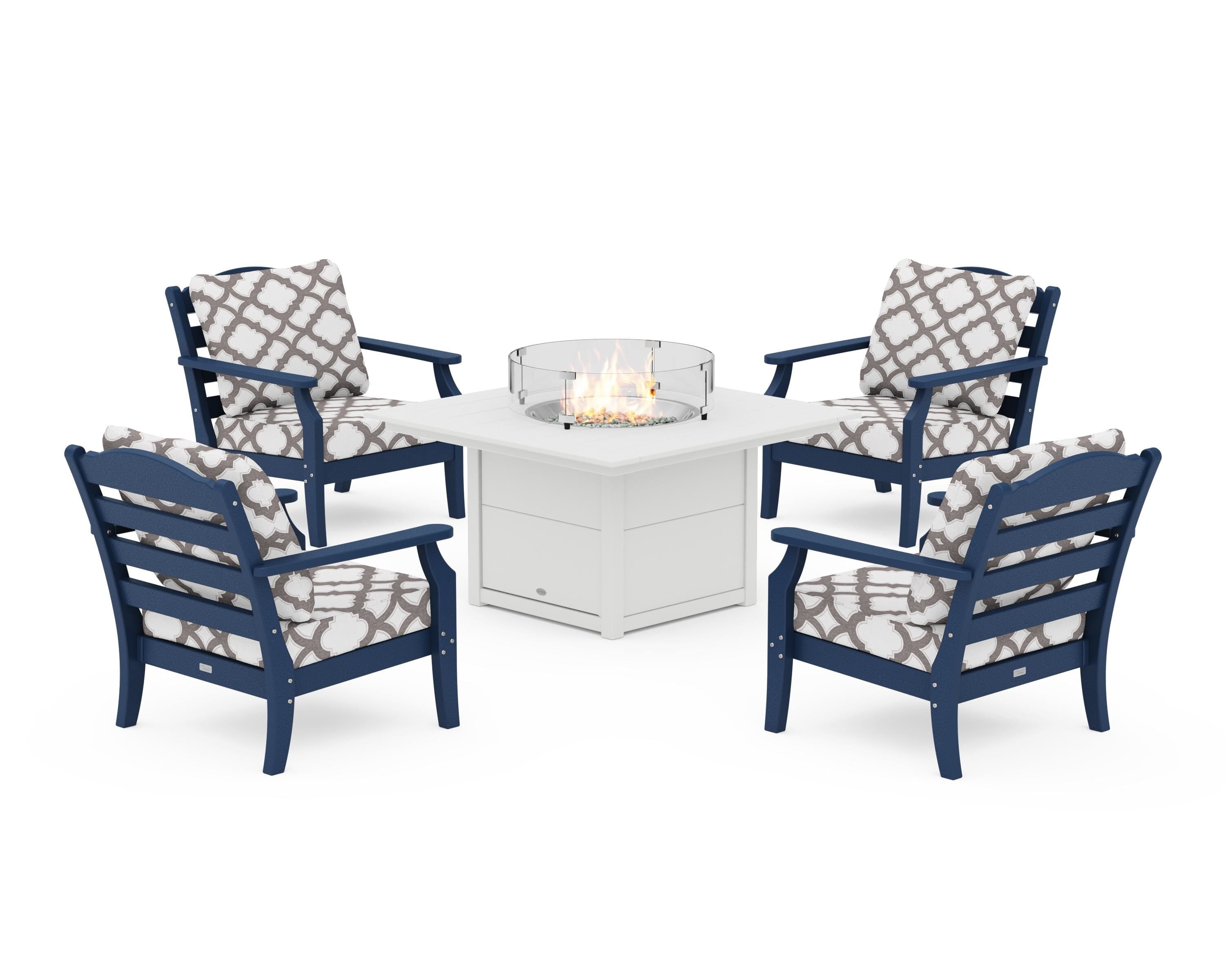 Draper James™ by  POLYWOOD® Savannah 5-Piece Deep Seating Set with Fire Pit Table in Navy / Trellis Grey Mist