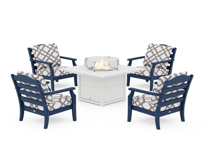 Draper James™ by  POLYWOOD® Savannah 5-Piece Deep Seating Set with Fire Pit Table in Navy / Trellis Grey Mist