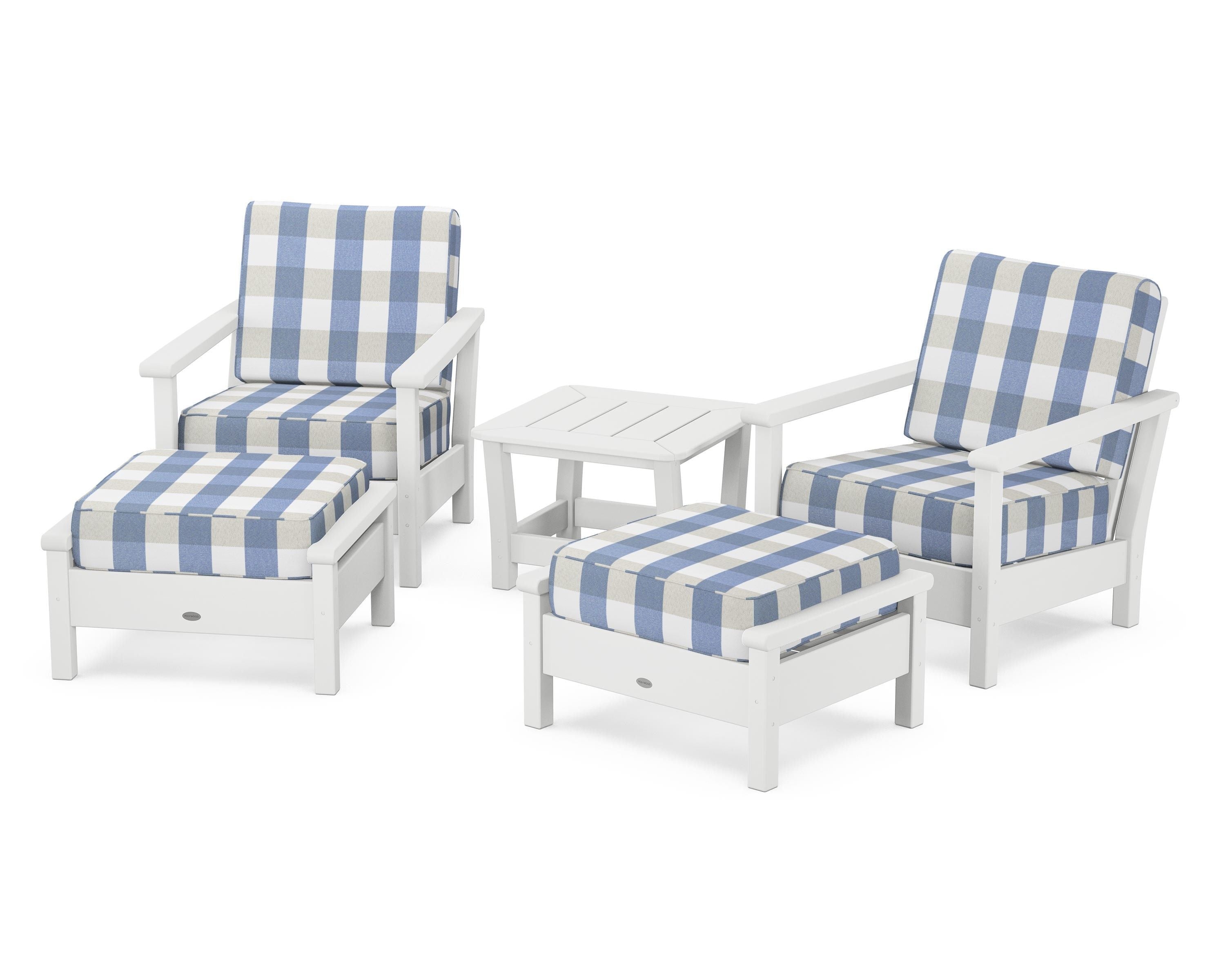 POLYWOOD® Harbour 5-Piece Deep Seating Chair Set in White / Buffalo Plaid Sky Blue