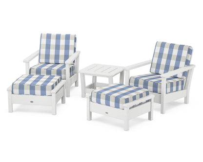 POLYWOOD® Harbour 5-Piece Deep Seating Chair Set in White / Buffalo Plaid Sky Blue