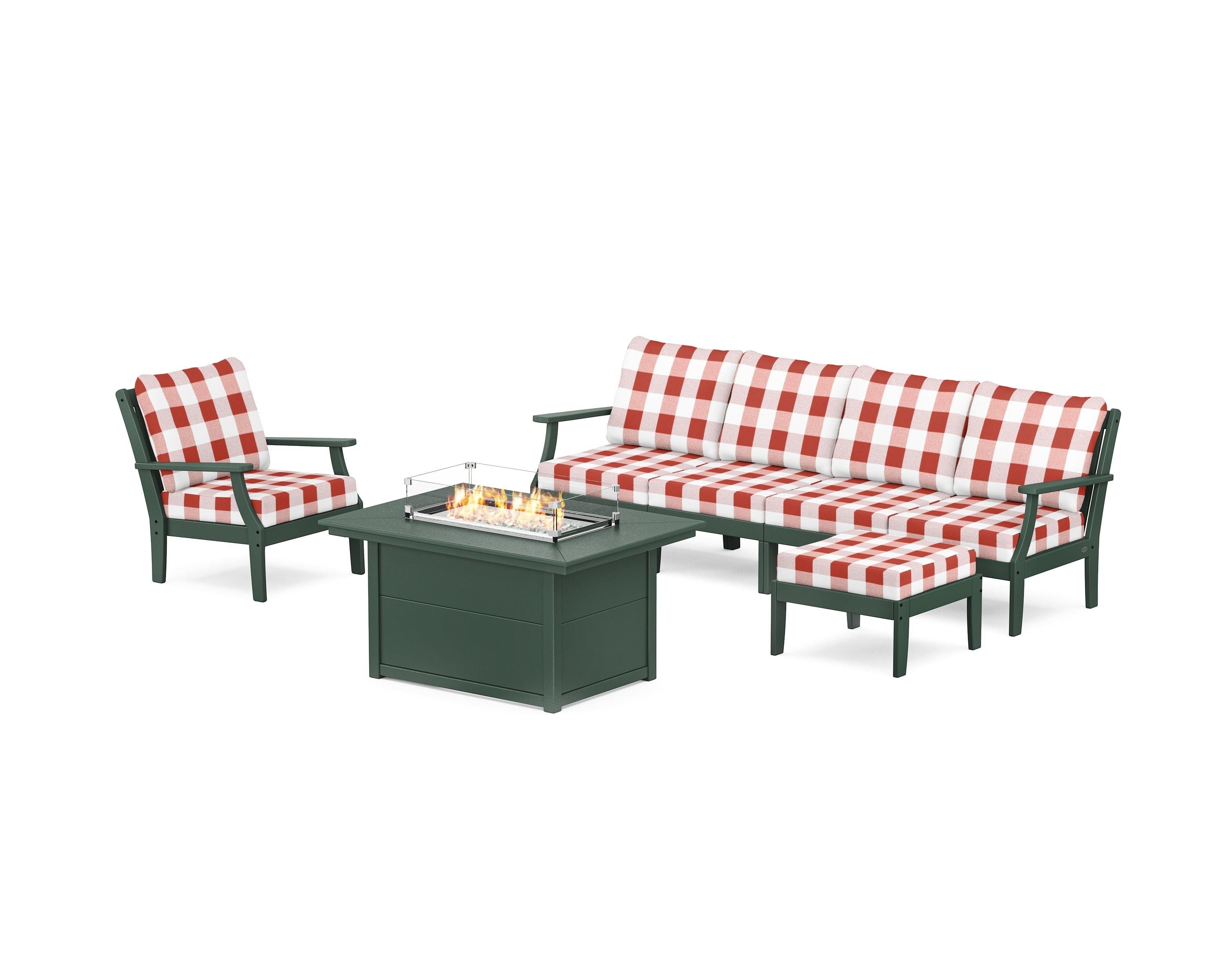 POLYWOOD® Braxton Sectional Lounge and Fire Pit Set in Green / Buffalo Plaid Crimson