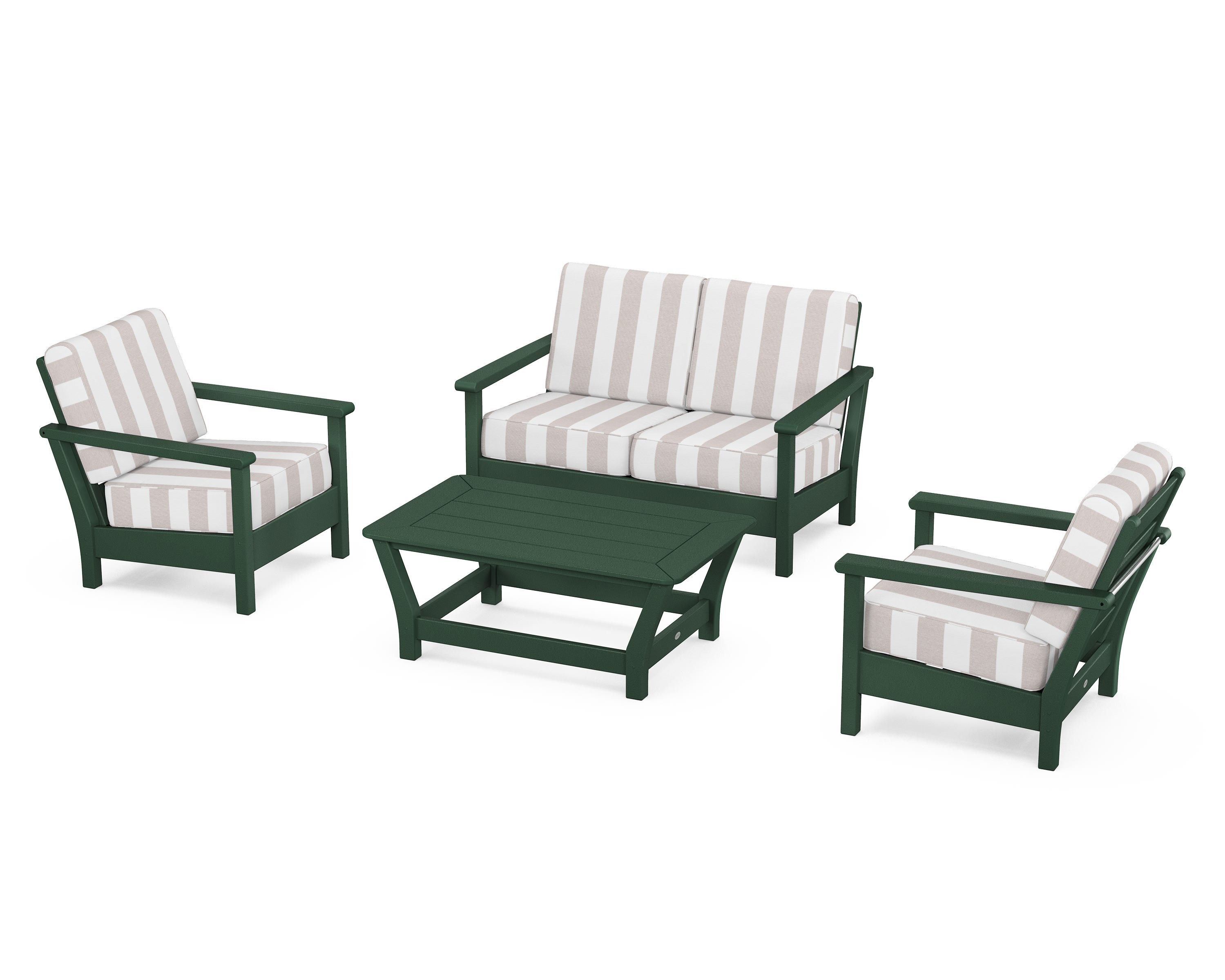 POLYWOOD® Harbour 4-Piece Deep Seating Set in Green / Cabana Stripe Dune Burlap