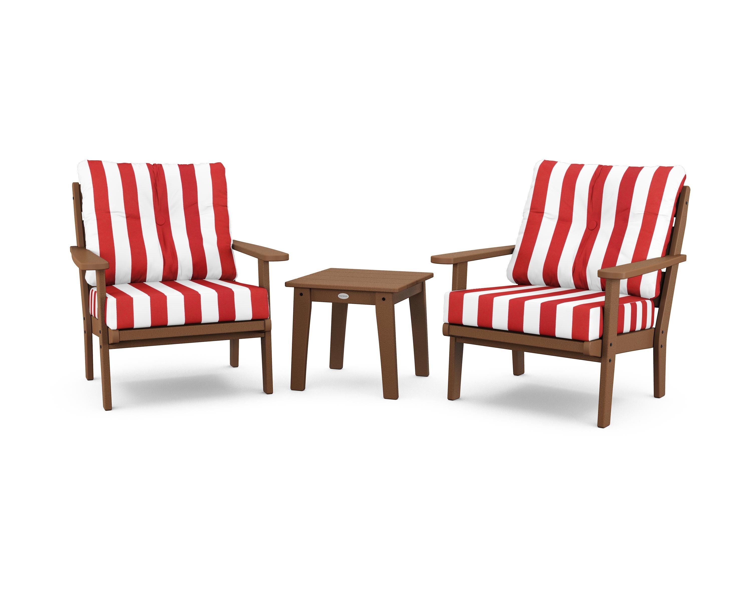 POLYWOOD® Lakeside 3-Piece Deep Seating Chair Set in Teak / Cabana Stripe Crimson