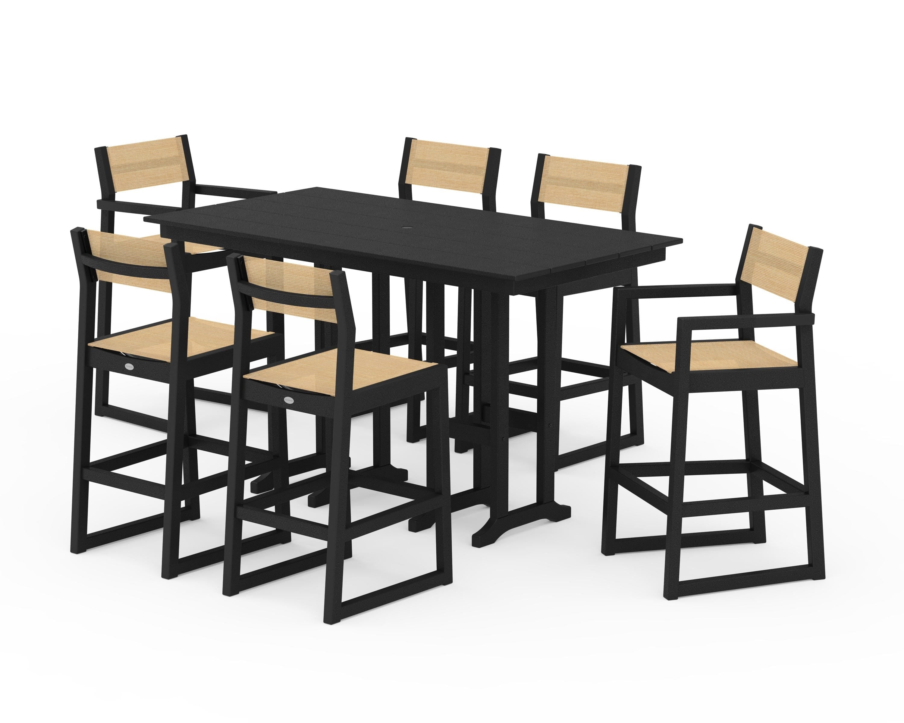 POLYWOOD® EDGE Sling 7-Piece Farmhouse Bar Set in Black / Dupioni Apricot Sling