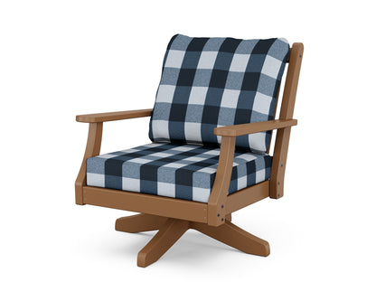 Country Living Wovendale Deep Seating Swivel Chair in Teak / Buffalo Plaid Marine Indigo