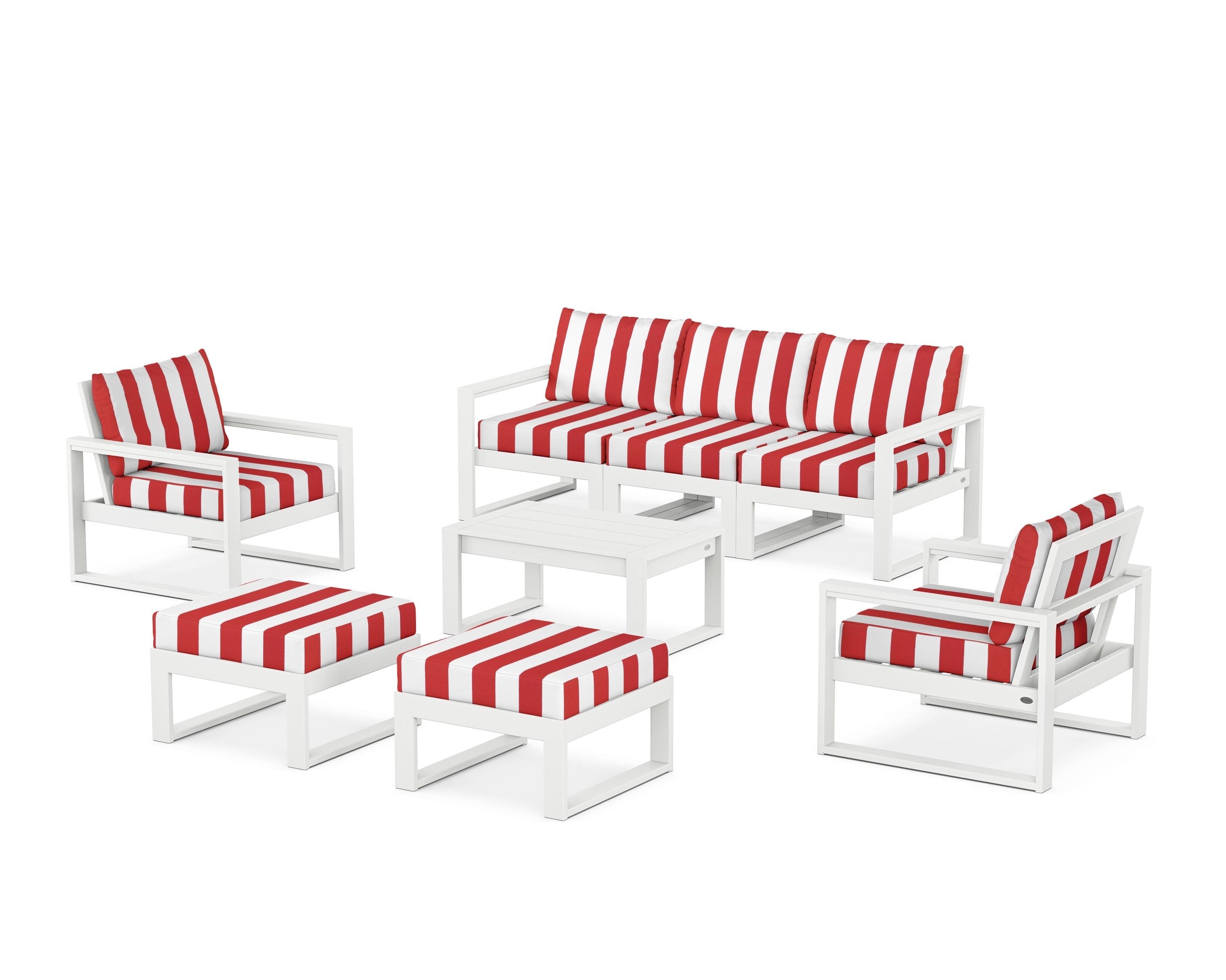POLYWOOD® EDGE Sectional 8-Piece Lounge Sofa Set in White / Cabana Stripe Crimson