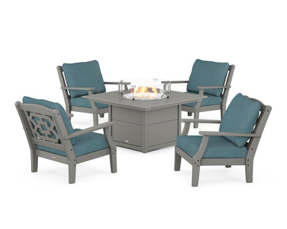 Martha Stewart by POLYWOOD® Chinoiserie 5-Piece Deep Seating Set with Fire Pit Table in Slate Grey / Ocean Teal