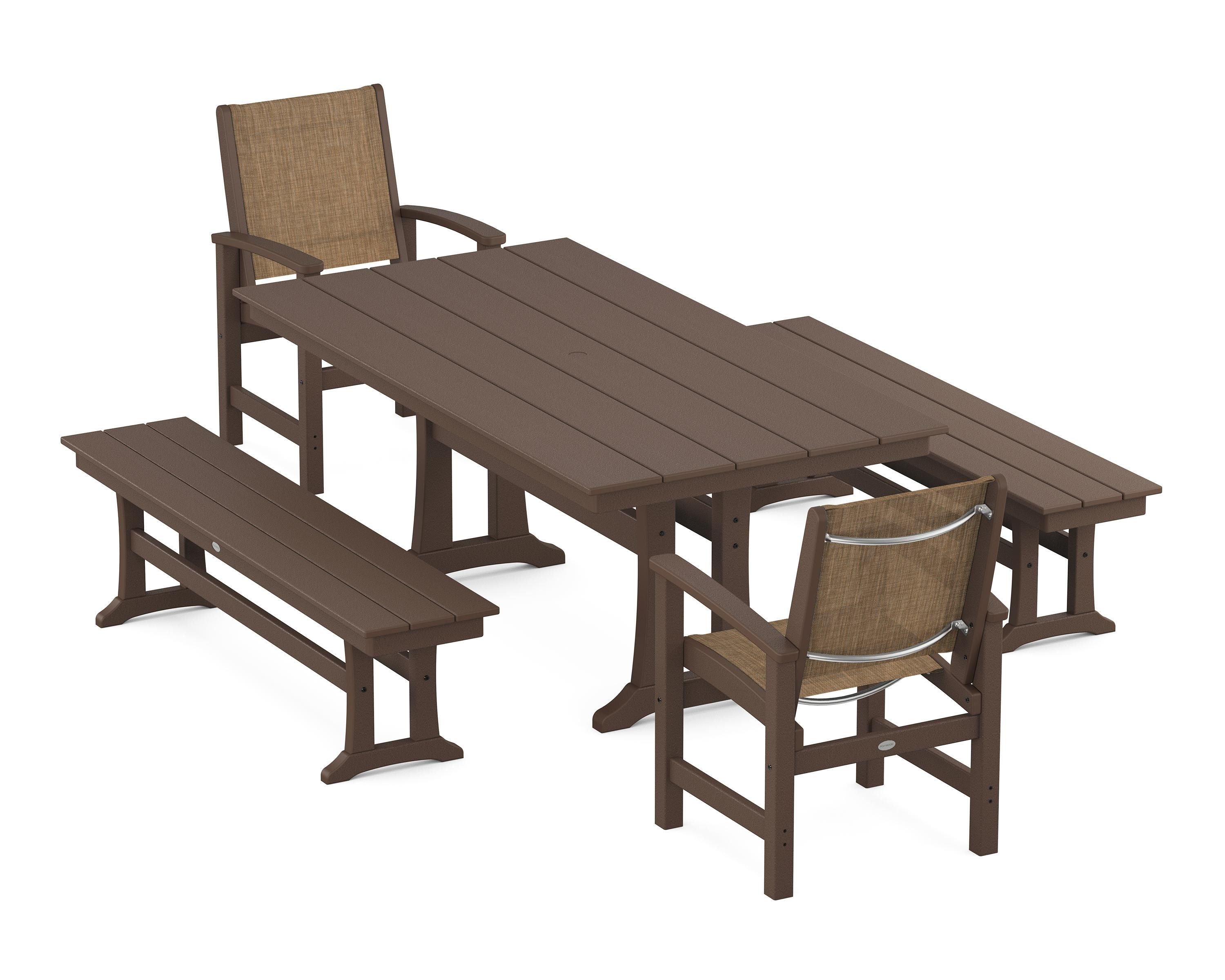 POLYWOOD® Coastal 5-Piece Farmhouse Dining Set with Trestle Legs and Benches in Mahogany / Burlap Sling