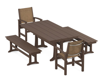 POLYWOOD® Coastal 5-Piece Farmhouse Dining Set with Trestle Legs and Benches in Mahogany / Burlap Sling