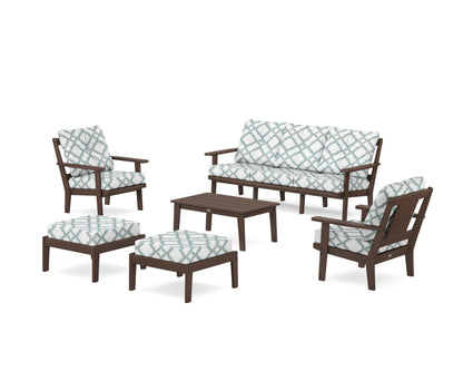 POLYWOOD® Prairie 6-Piece Lounge Sofa Set in Mahogany / Trellis Glacier Spa