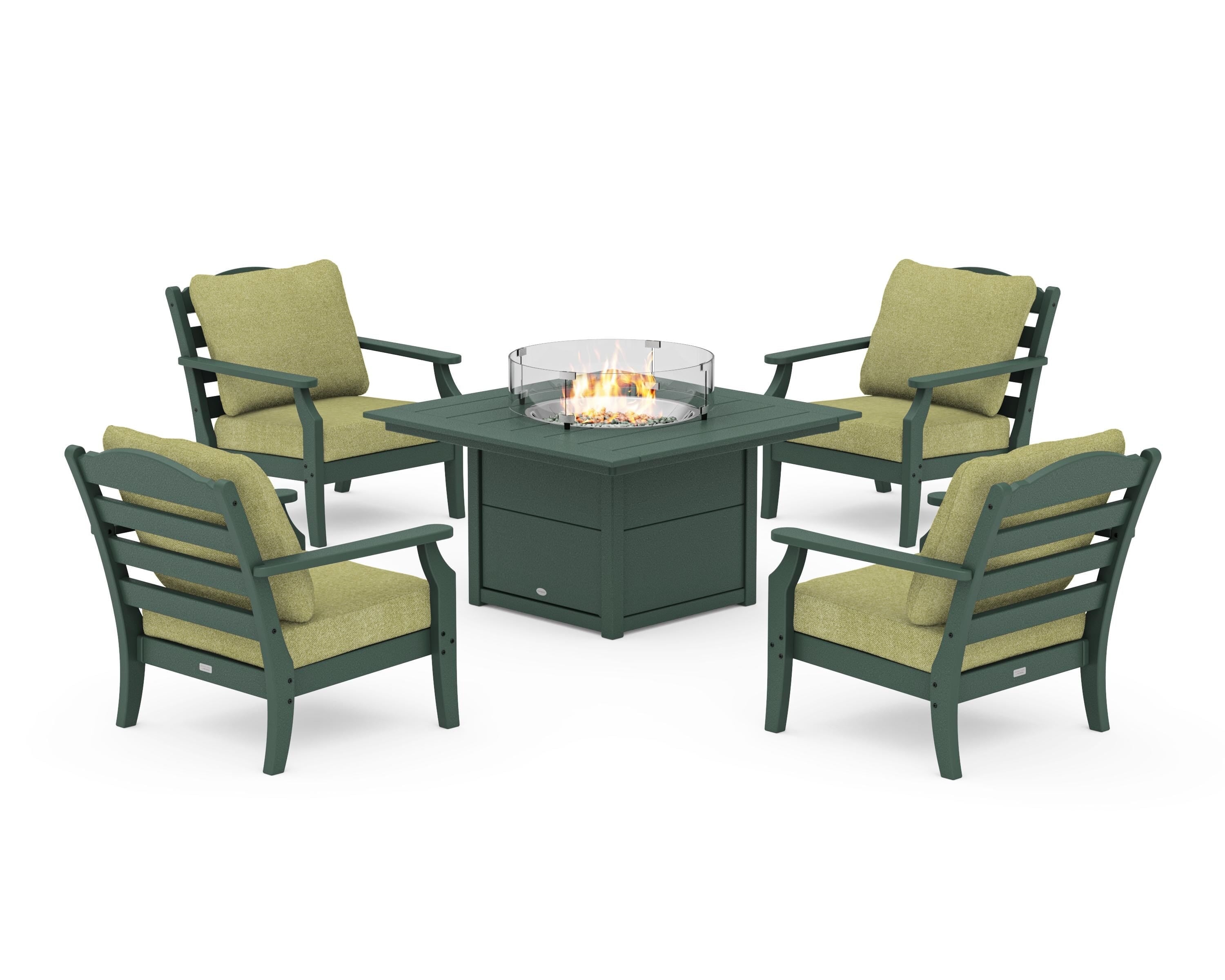 Draper James™ by  POLYWOOD® Savannah 5-Piece Deep Seating Set with Fire Pit Table in Green / Chartreuse Boucle