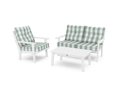 POLYWOOD® Lakeside 3-Piece Deep Seating Set in White / Buffalo Plaid Glacier Spa