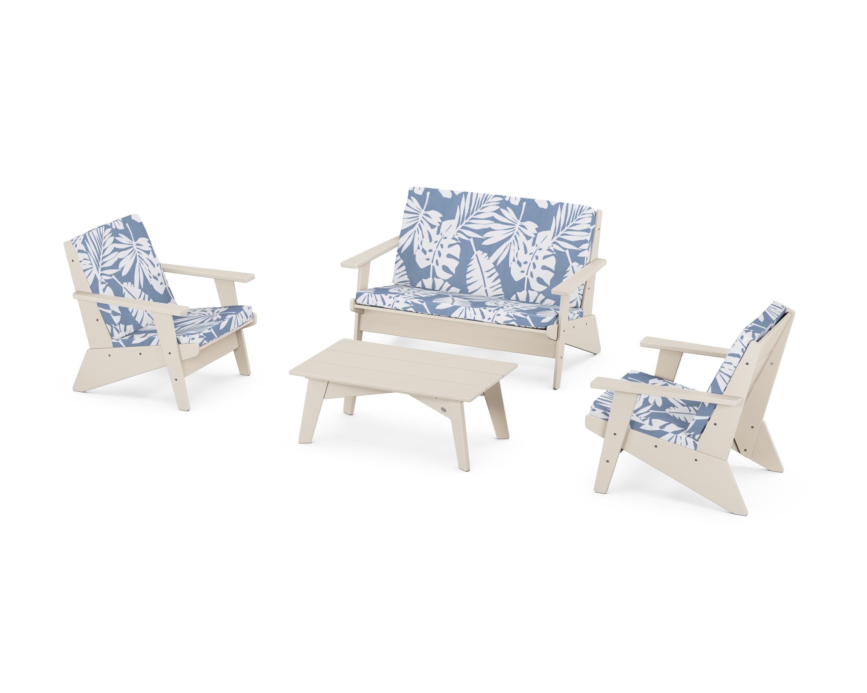 POLYWOOD® Riviera Modern Lounge 4-Piece Set in Sand / Leaf Sky Blue