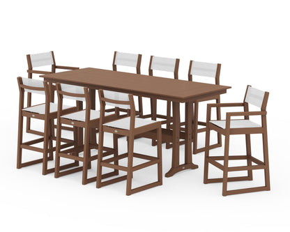 POLYWOOD® EDGE Sling 9-Piece Farmhouse Bar Set with Trestle Legs in Teak / White Sling