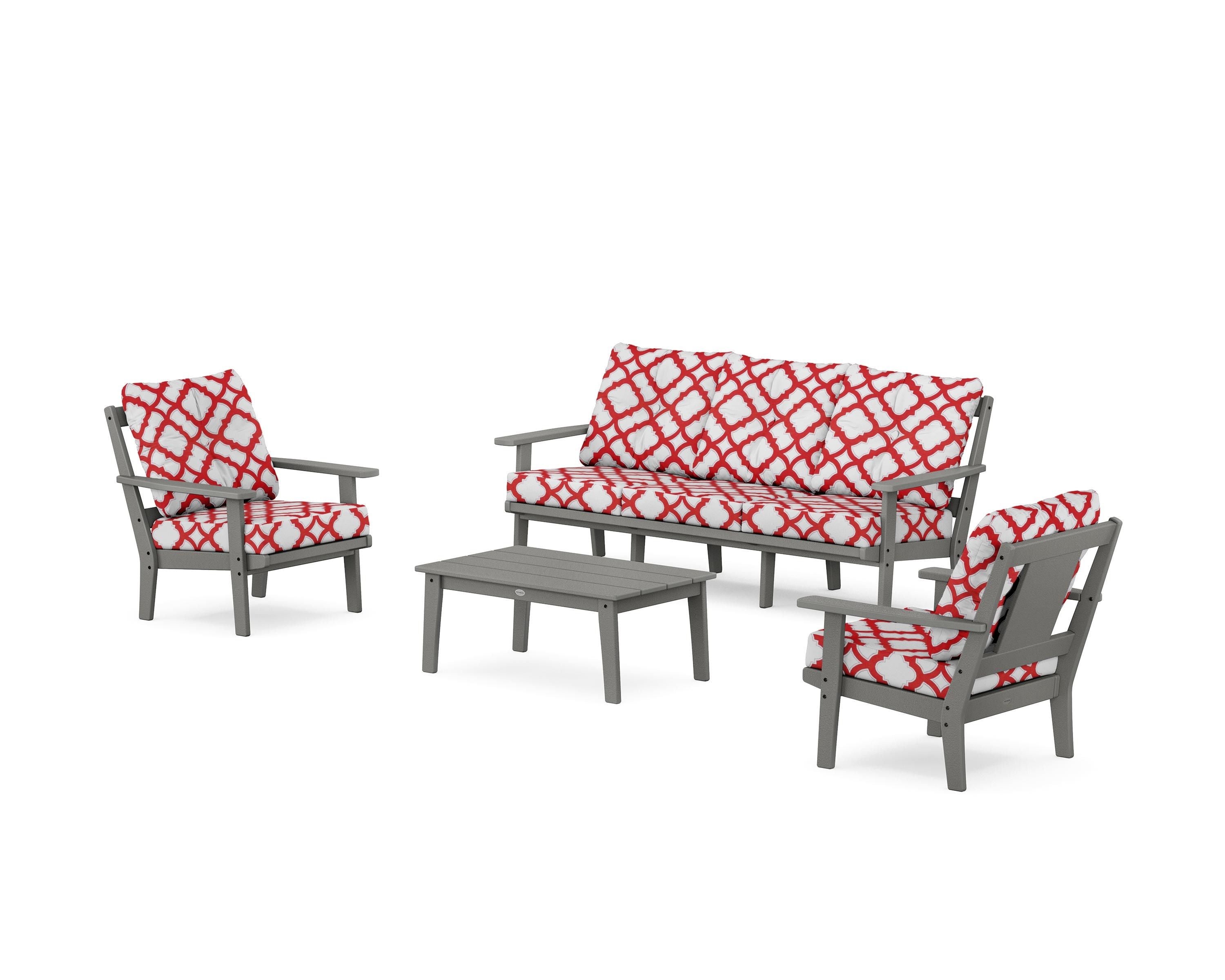 POLYWOOD® Prairie 4-Piece Deep Seating Set with Sofa in Slate Grey / Trellis Crimson