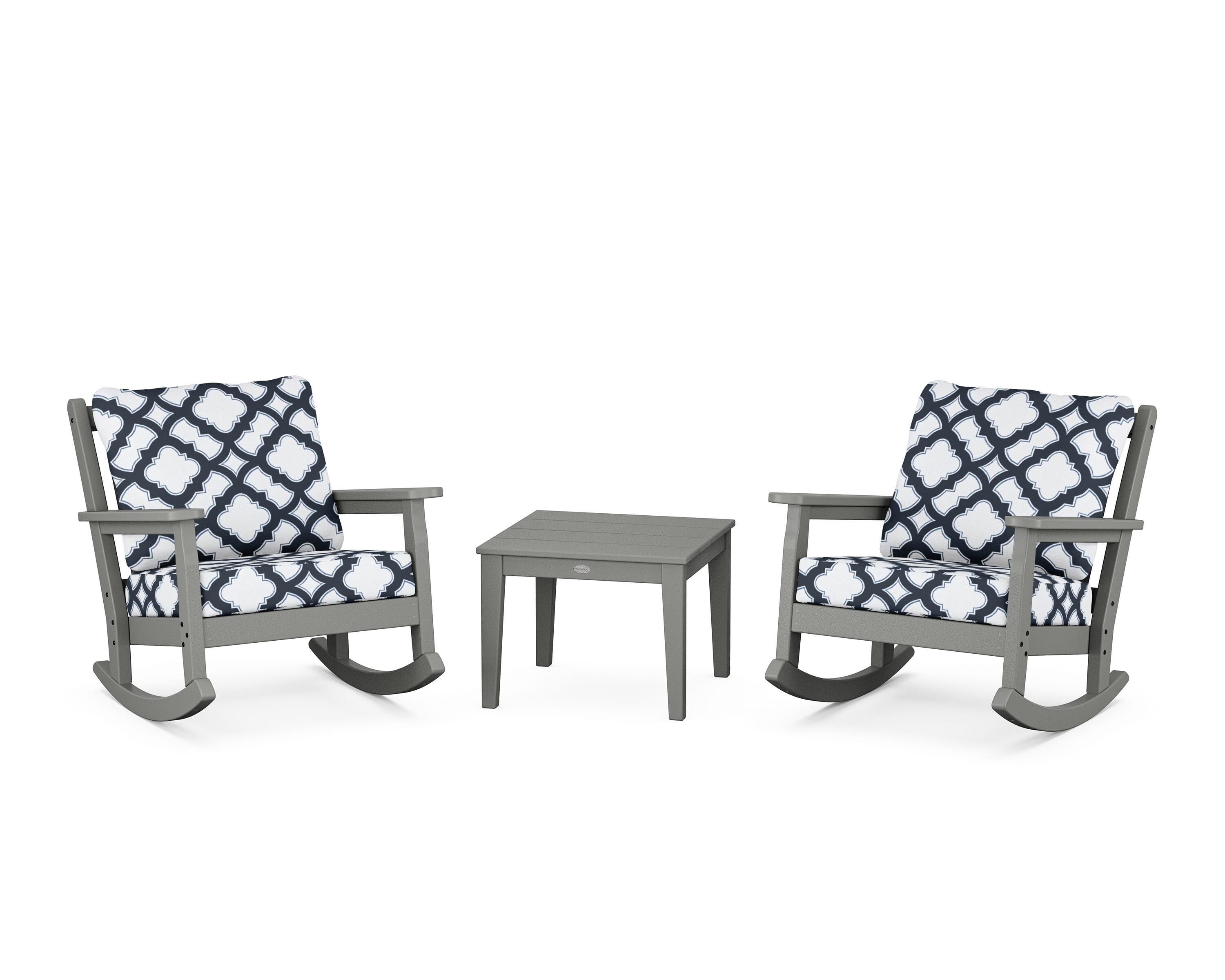 POLYWOOD® Chippendale 3-Piece Deep Seating Rocker Set in Slate Grey / Trellis Marine Indigo
