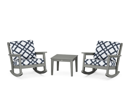 POLYWOOD® Chippendale 3-Piece Deep Seating Rocker Set in Slate Grey / Trellis Marine Indigo