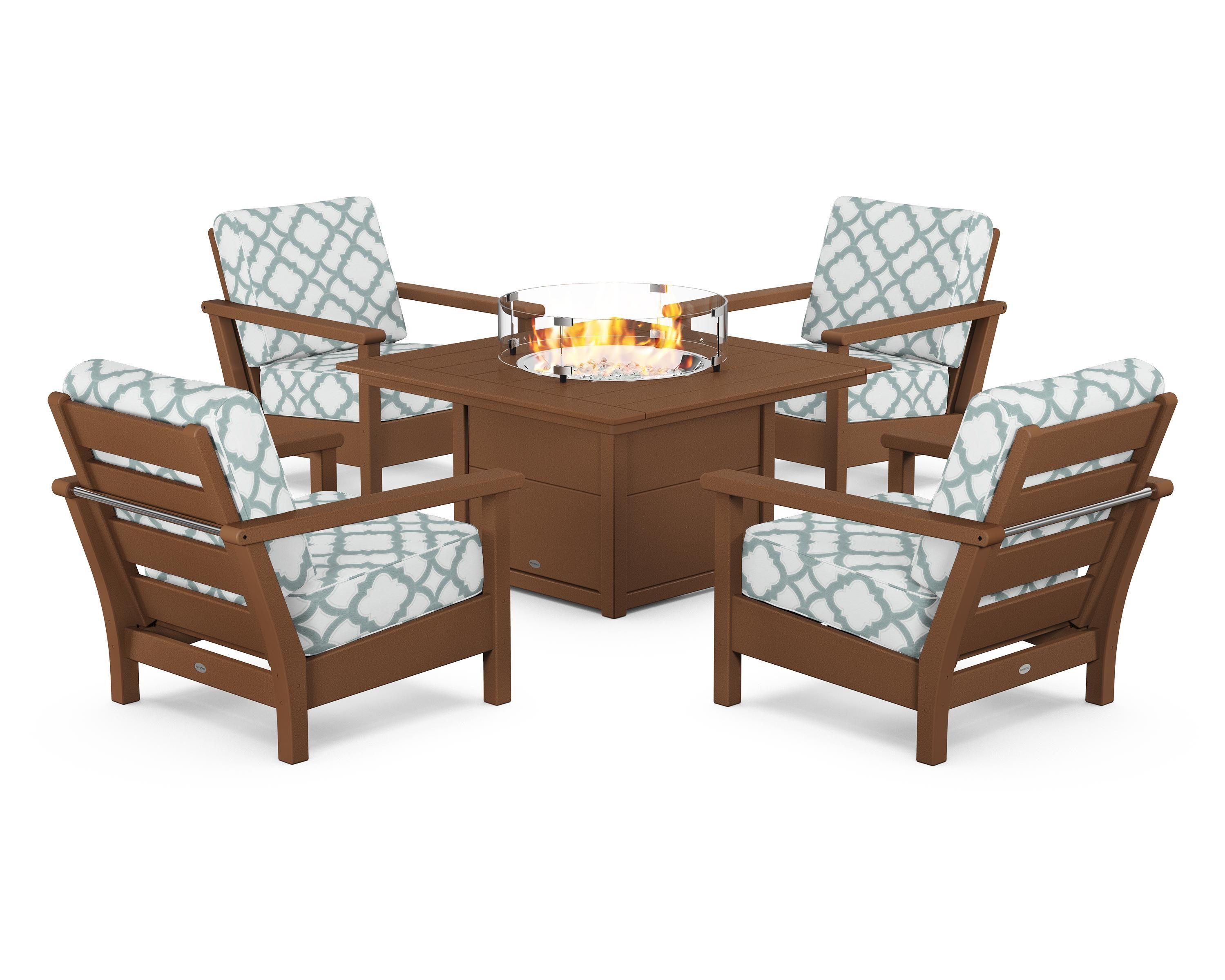 POLYWOOD® Harbour 5-Piece Conversation Set with Fire Pit Table in Teak / Trellis Glacier Spa