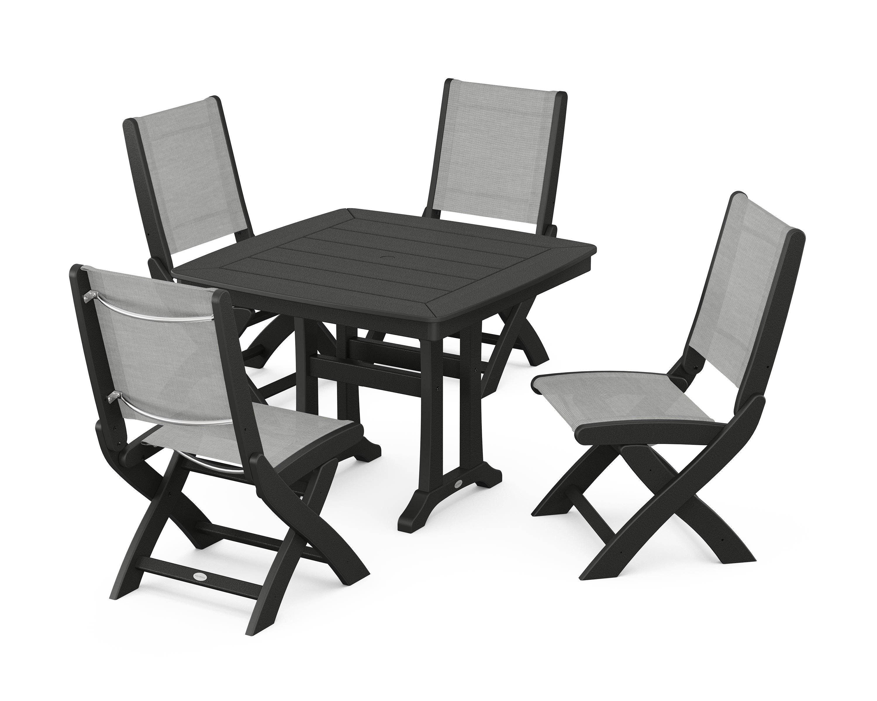 POLYWOOD® Coastal Folding Side Chair 5-Piece Dining Set with Trestle Legs in Black / Metallic Sling