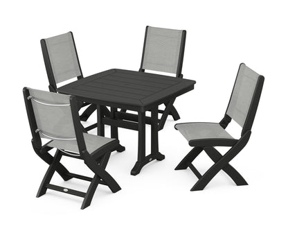 POLYWOOD® Coastal Folding Side Chair 5-Piece Dining Set with Trestle Legs in Black / Metallic Sling