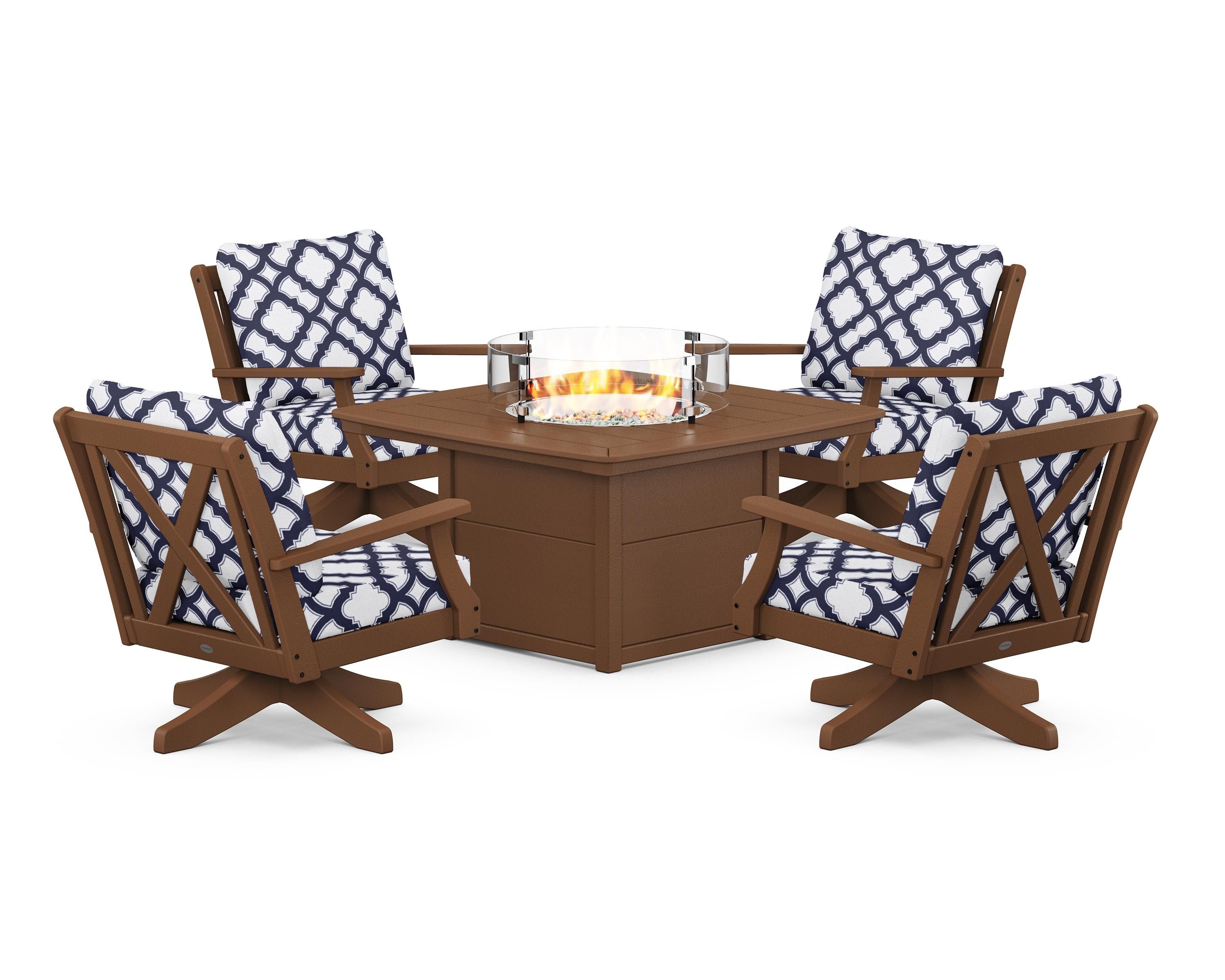 POLYWOOD® Braxton 5-Piece Deep Seating Swivel Conversation Set with Fire Pit Table in Teak / Trellis Navy
