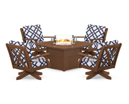 POLYWOOD® Braxton 5-Piece Deep Seating Swivel Conversation Set with Fire Pit Table in Teak / Trellis Navy