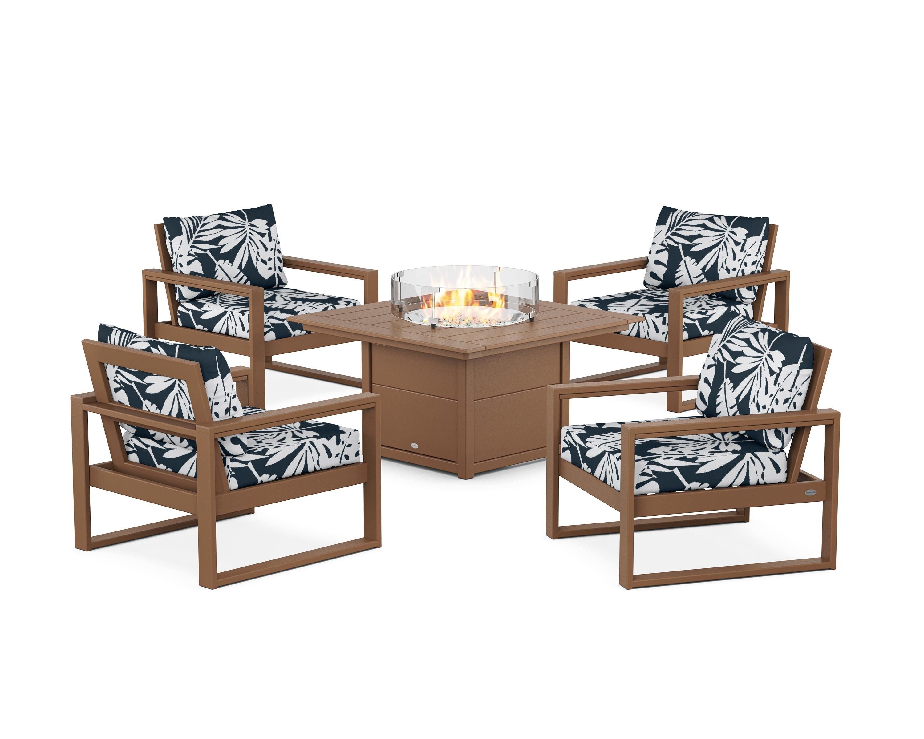 POLYWOOD® EDGE Sectional 5-Piece Deep Seating Set with Fire Pit Table in Teak / Leaf Marine Indigo