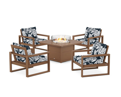 POLYWOOD® EDGE Sectional 5-Piece Deep Seating Set with Fire Pit Table in Teak / Leaf Marine Indigo
