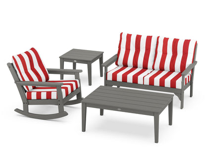 POLYWOOD® Vineyard 4-Piece Deep Seating Rocker Set in Slate Grey / Cabana Stripe Crimson