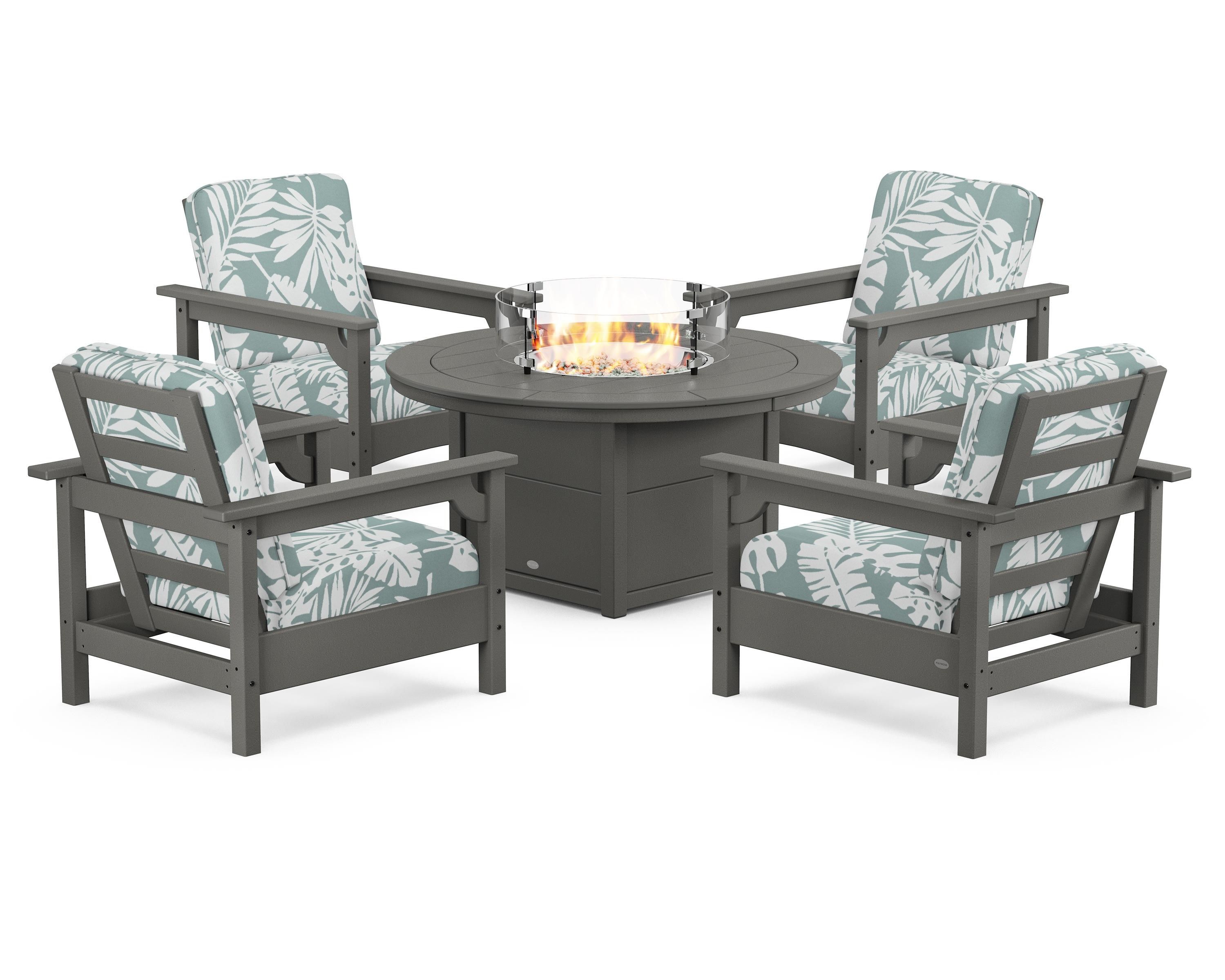 POLYWOOD® Club 5-Piece Conversation Set with Fire Pit Table in Slate Grey / Leaf Glacier Spa