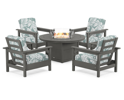 POLYWOOD® Club 5-Piece Conversation Set with Fire Pit Table in Slate Grey / Leaf Glacier Spa
